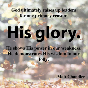 God ultimately raises up leaders for one primary reason: His glory. He shows His power in our weakness. He demonstrates His wisdom in our folly. -Matt Chandler
