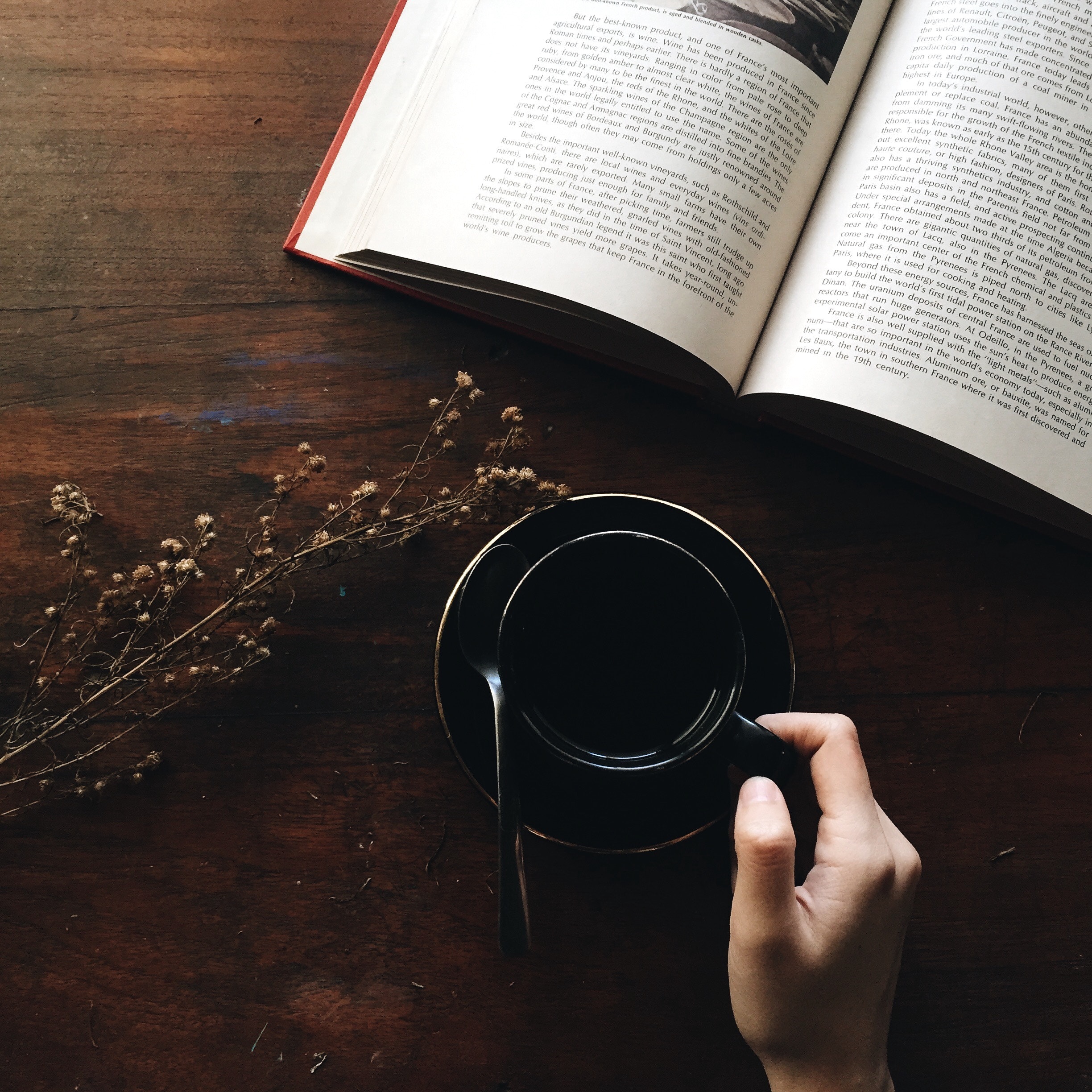 A book and a cup of coffee placed on a table
