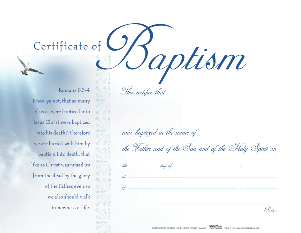 Baptism - White Clouds Flat Certificate (Pkg 22) - B&H Publishing Within Christian Baptism Certificate Template