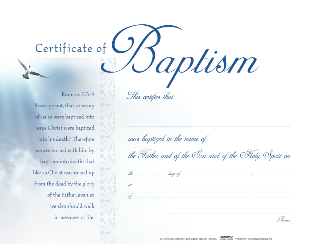 Baptism - White Clouds Flat Certificate (Pkg 22) - B&H Publishing Throughout Christian Baptism Certificate Template